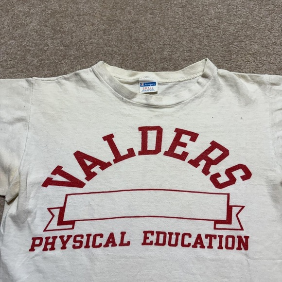 Vtg 70s Champion Shirt Valders Physical Education Small Blue Bar White USA Tee - Picture 5 of 11